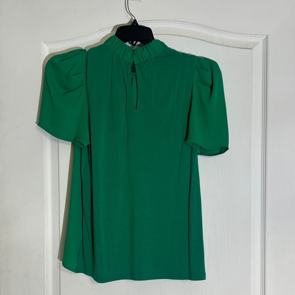 LOFT Emerald Green Ruffled Mock Neck Short Sleeve Blouse - Picture 2 of 2